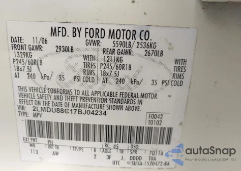 2007 Lincoln Mkx z USA, uszkodzony, nr VIN 2LMDU88C17BJ04234